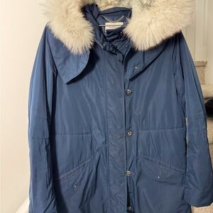 MARELLA Blue and White Puffer Jacket with Fur-Trimmed Hood